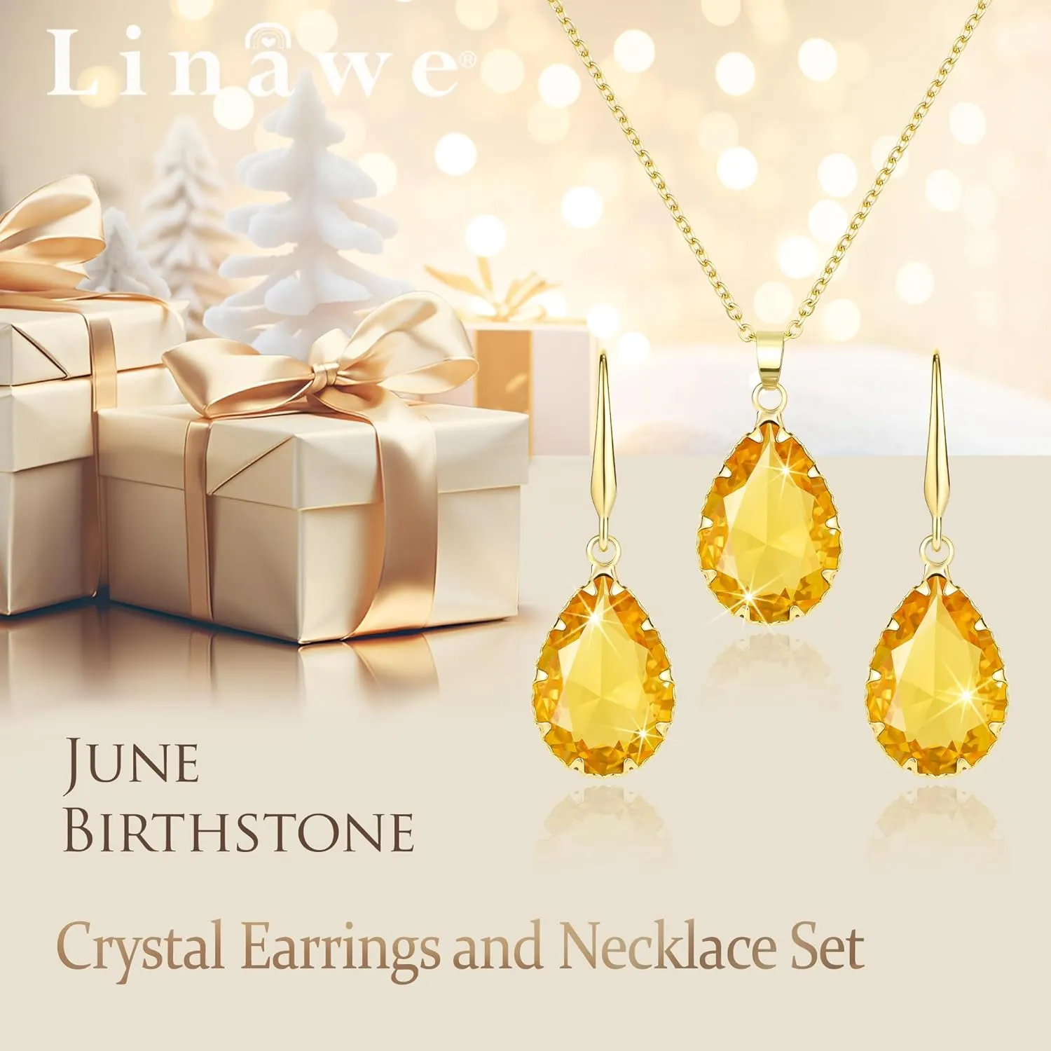 Linawe Crystal Jewelry Sets for Women, Imitation Diamond Pendant Necklace, Rhinestone Drop Dangle Earrings, Birthstone Cubic Zirconia Matching Wedding Jewelry, 14K Gold/Rose Gold/Silver Tones