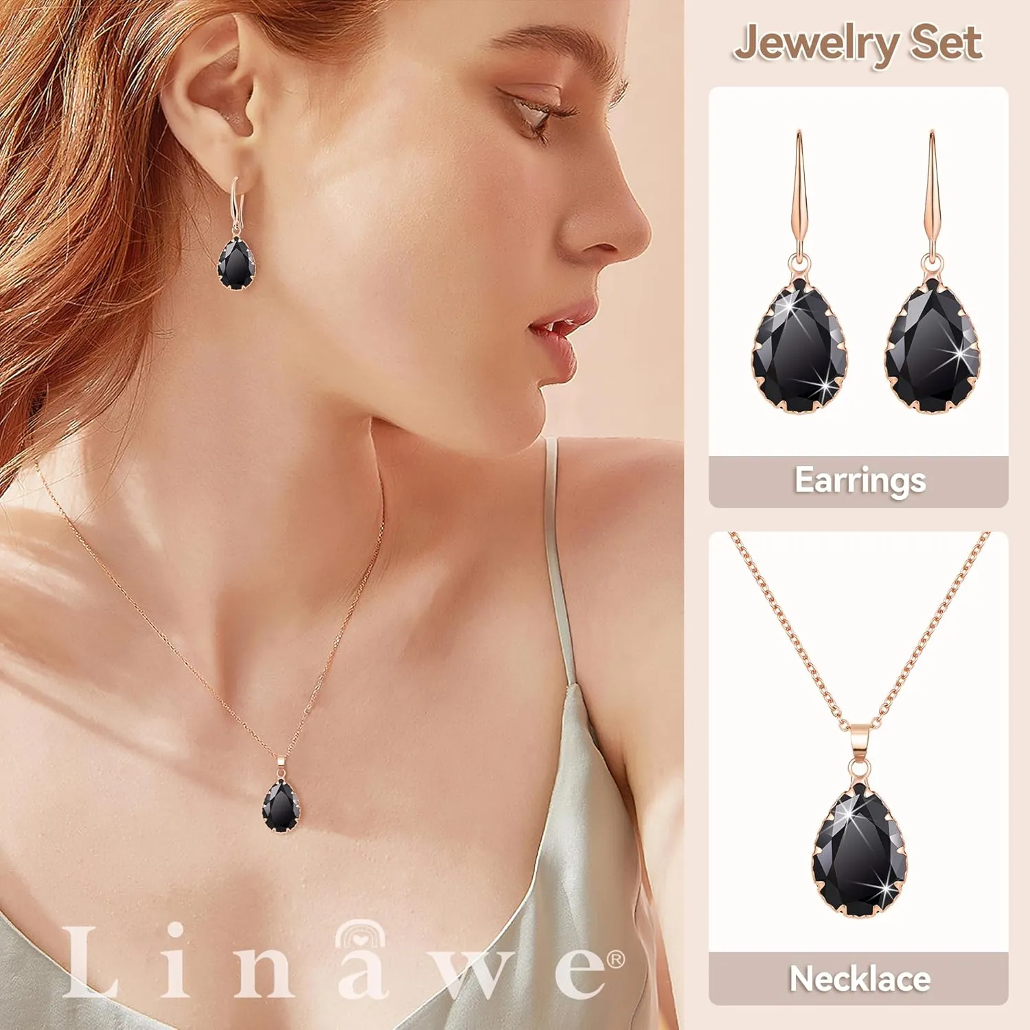 Linawe Crystal Jewelry Sets for Women, Imitation Diamond Pendant Necklace, Rhinestone Drop Dangle Earrings, Birthstone Cubic Zirconia Matching Wedding Jewelry, 14K Gold/Rose Gold/Silver Tones