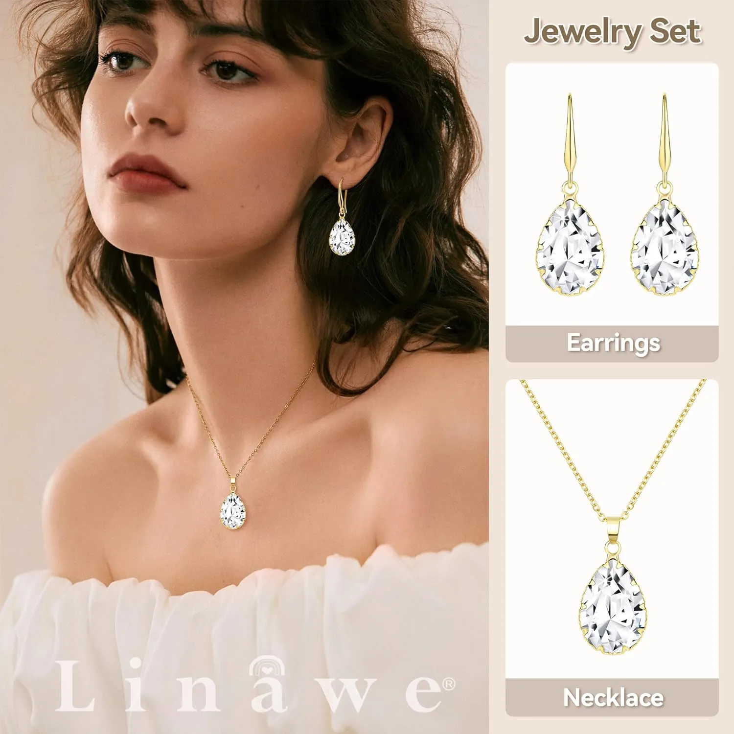 Linawe Crystal Jewelry Sets for Women, Imitation Diamond Pendant Necklace, Rhinestone Drop Dangle Earrings, Birthstone Cubic Zirconia Matching Wedding Jewelry, 14K Gold/Rose Gold/Silver Tones