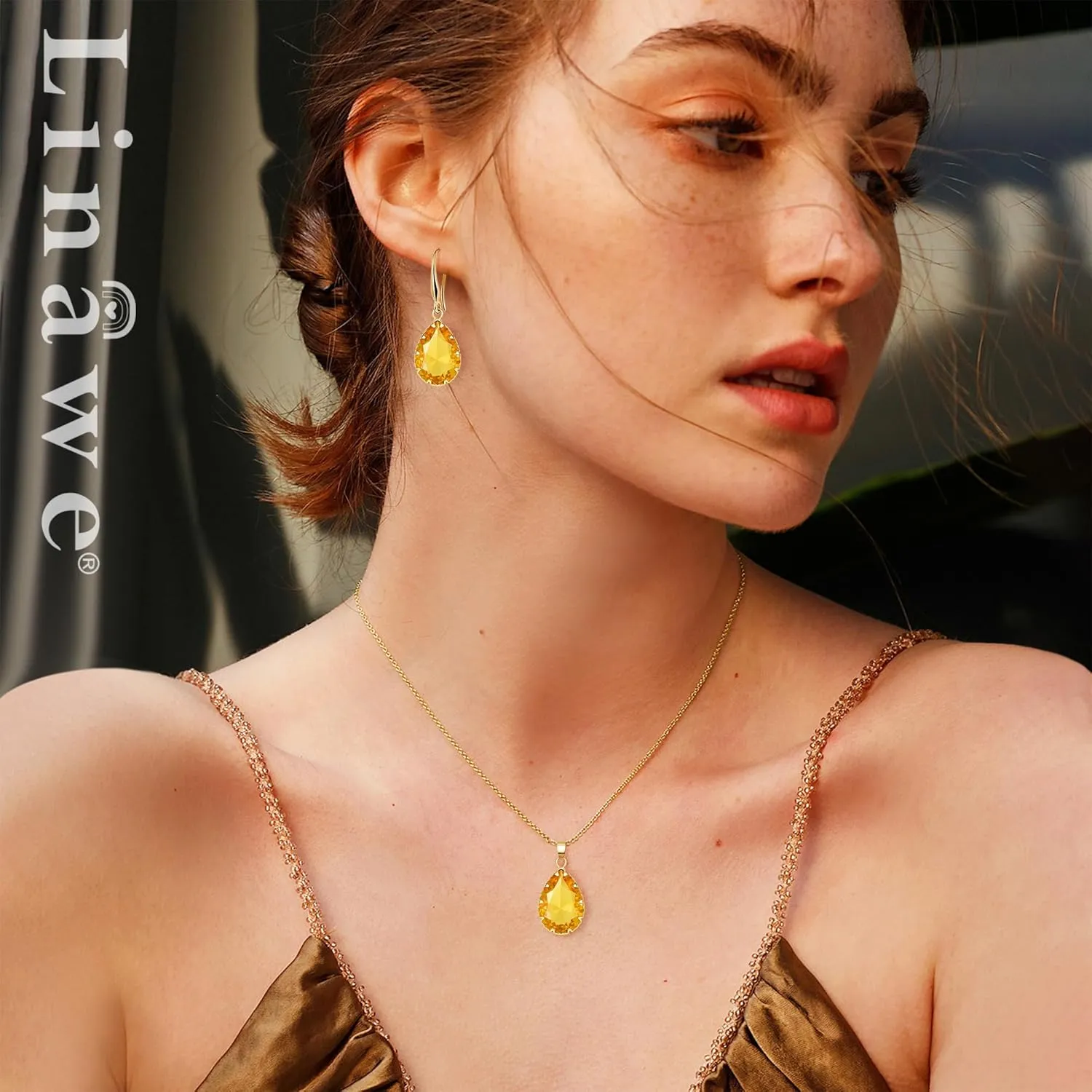 Linawe Crystal Jewelry Sets for Women, Imitation Diamond Pendant Necklace, Rhinestone Drop Dangle Earrings, Birthstone Cubic Zirconia Matching Wedding Jewelry, 14K Gold/Rose Gold/Silver Tones