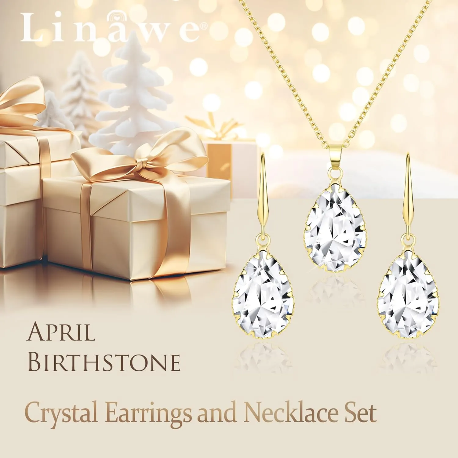 Linawe Crystal Jewelry Sets for Women, Imitation Diamond Pendant Necklace, Rhinestone Drop Dangle Earrings, Birthstone Cubic Zirconia Matching Wedding Jewelry, 14K Gold/Rose Gold/Silver Tones