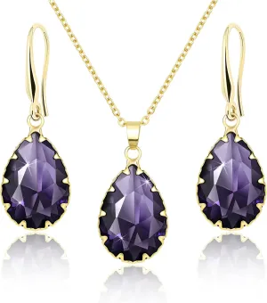 Linawe Crystal Jewelry Sets for Women, Imitation Diamond Pendant Necklace, Rhinestone Drop Dangle Earrings, Birthstone Cubic Zirconia Matching Wedding Jewelry, 14K Gold/Rose Gold/Silver Tones