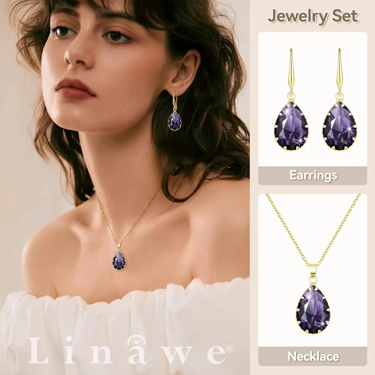 Linawe Crystal Jewelry Sets for Women, Imitation Diamond Pendant Necklace, Rhinestone Drop Dangle Earrings, Birthstone Cubic Zirconia Matching Wedding Jewelry, 14K Gold/Rose Gold/Silver Tones