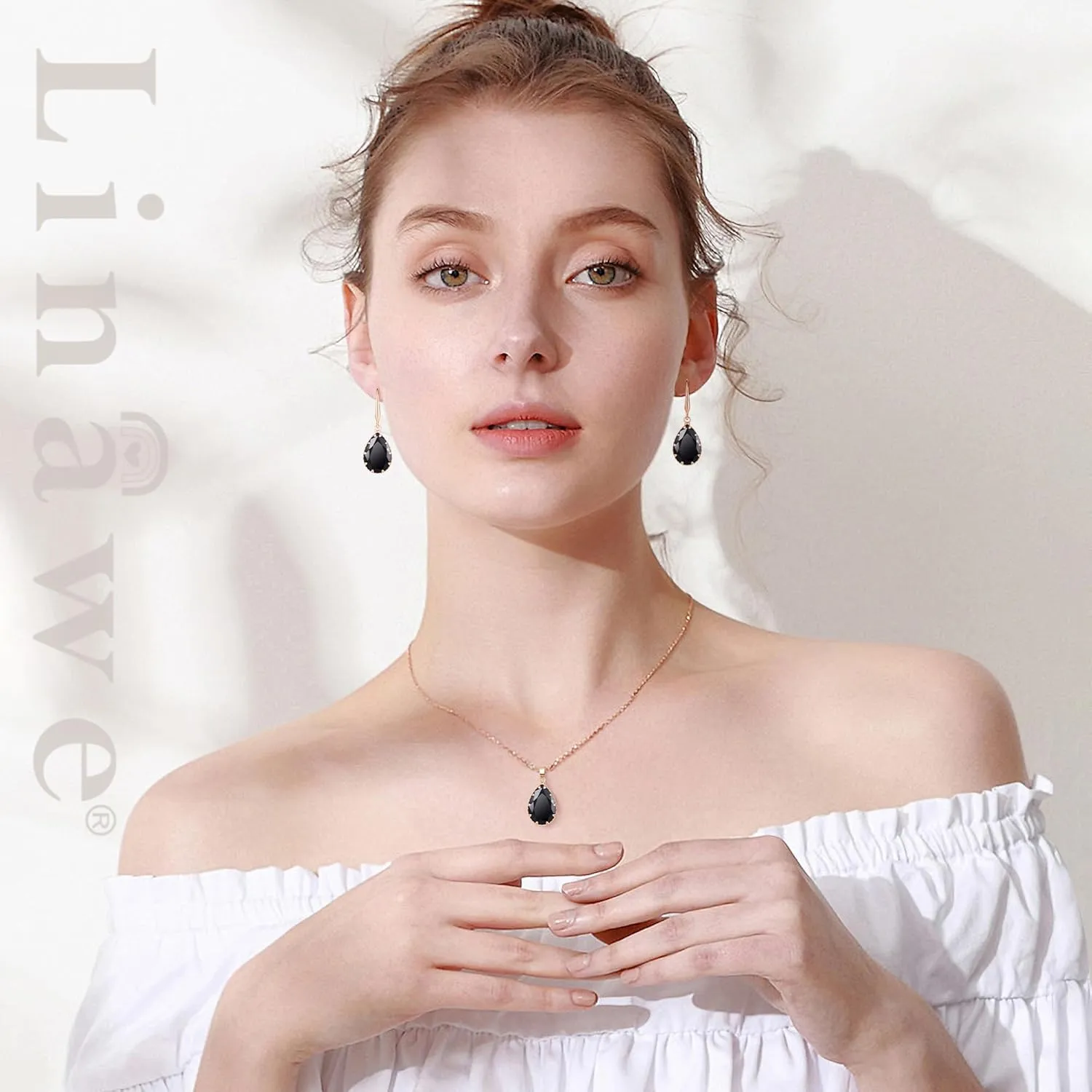 Linawe Crystal Jewelry Sets for Women, Imitation Diamond Pendant Necklace, Rhinestone Drop Dangle Earrings, Birthstone Cubic Zirconia Matching Wedding Jewelry, 14K Gold/Rose Gold/Silver Tones