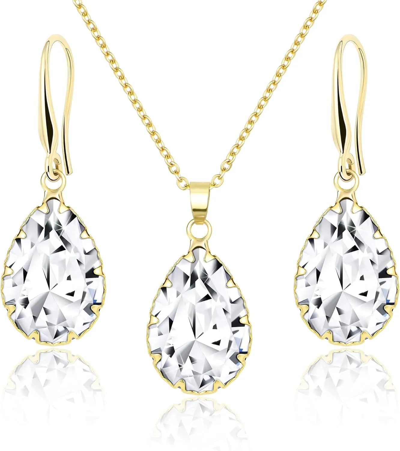 Linawe Crystal Jewelry Sets for Women, Imitation Diamond Pendant Necklace, Rhinestone Drop Dangle Earrings, Birthstone Cubic Zirconia Matching Wedding Jewelry, 14K Gold/Rose Gold/Silver Tones