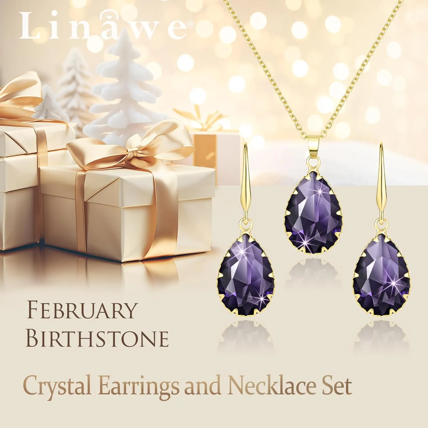 Linawe Crystal Jewelry Sets for Women, Imitation Diamond Pendant Necklace, Rhinestone Drop Dangle Earrings, Birthstone Cubic Zirconia Matching Wedding Jewelry, 14K Gold/Rose Gold/Silver Tones