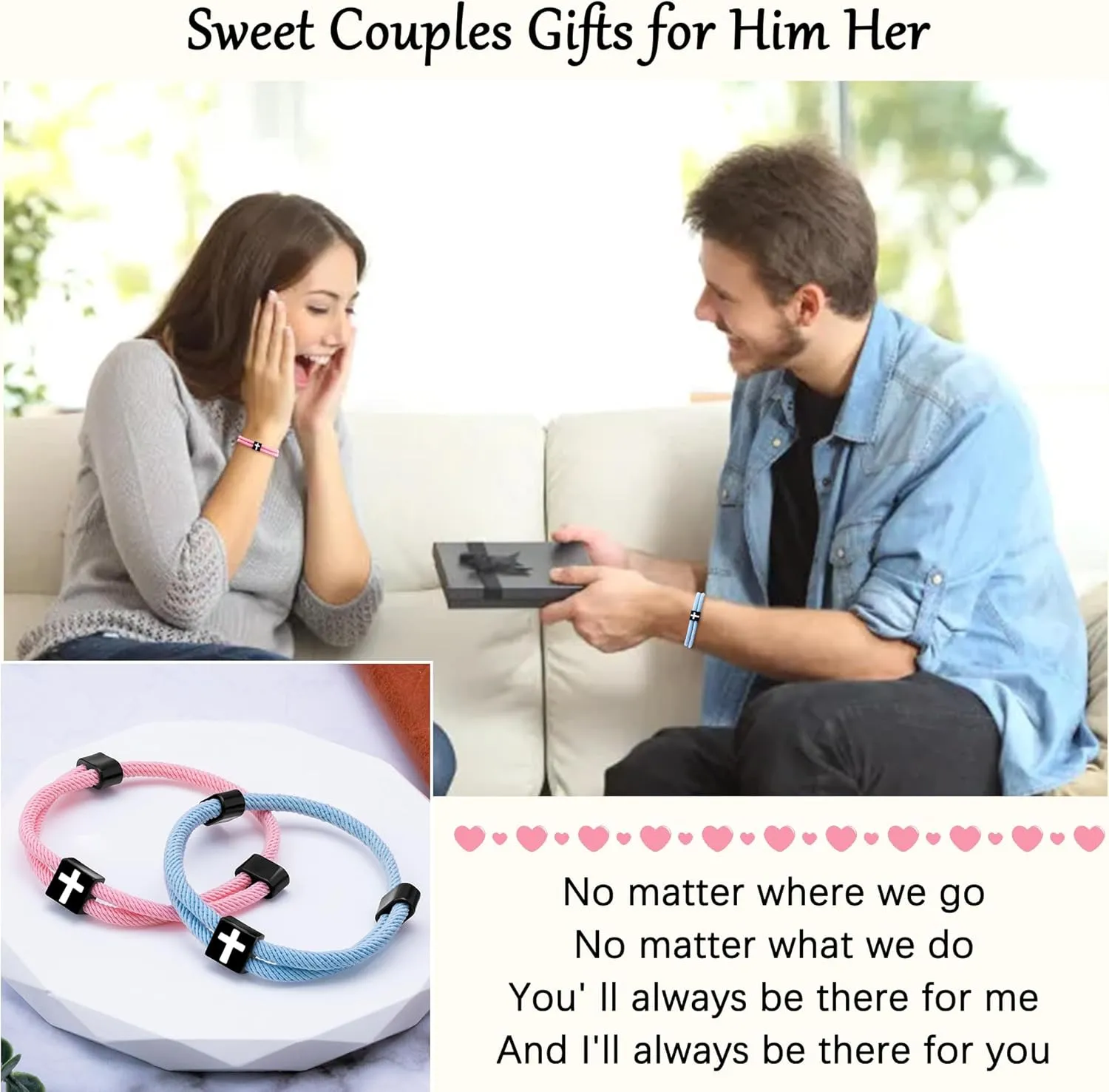 LINY Braided Rope Matching Couples Bracelet Cross Promise Bracelets for Couples Best Friend Anniversary Birthday Promise Faith Gifts for Girlfriend Boyfriend Wife Husband