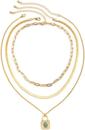 Lock Necklace for Women, Multi Layered Necklace Gold Plated Imitation Turquoise Jewelry for Her Adjustable