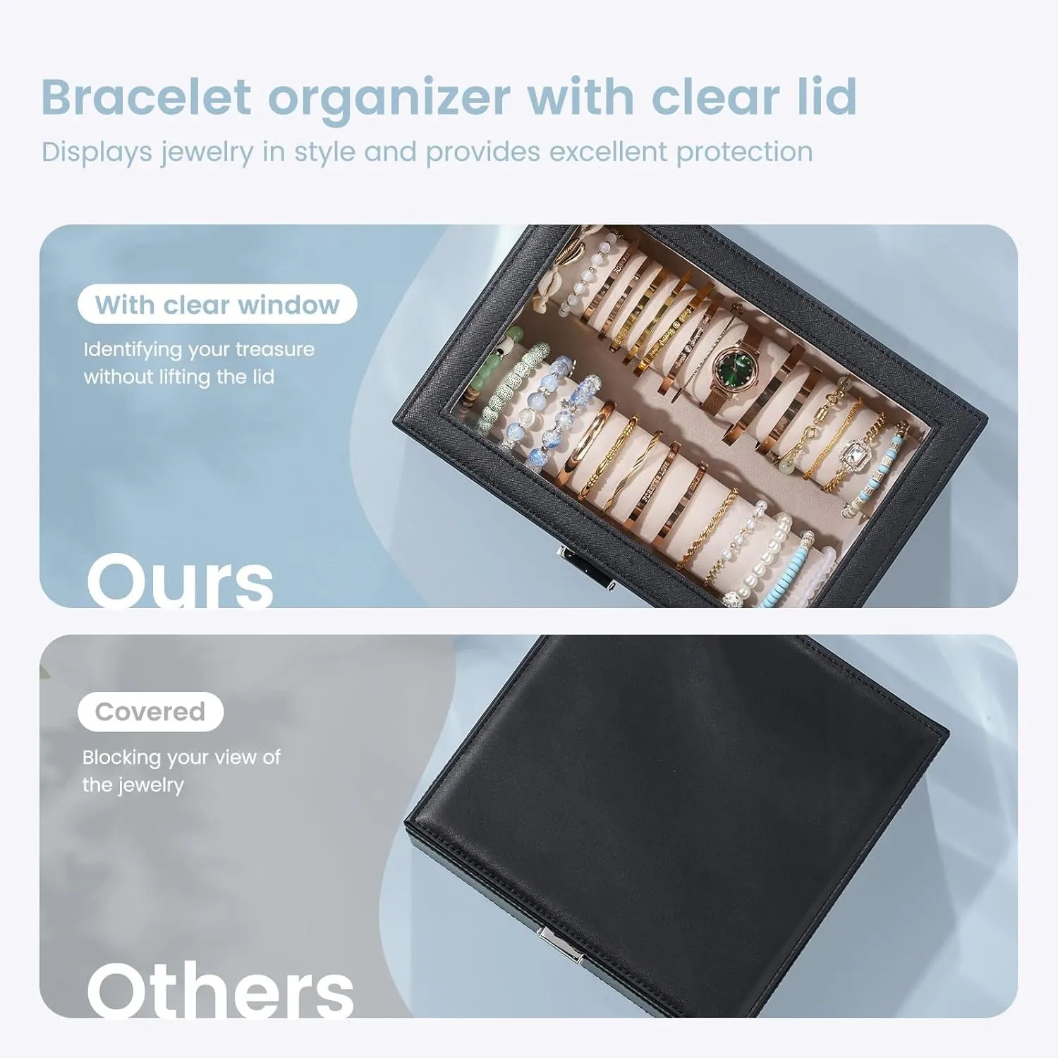 Lolalet Bracelet Display Holder with Rods for Bangles Watches, Clear Lid Jewelry Organizer Box Storage Case for Women Girls -Black