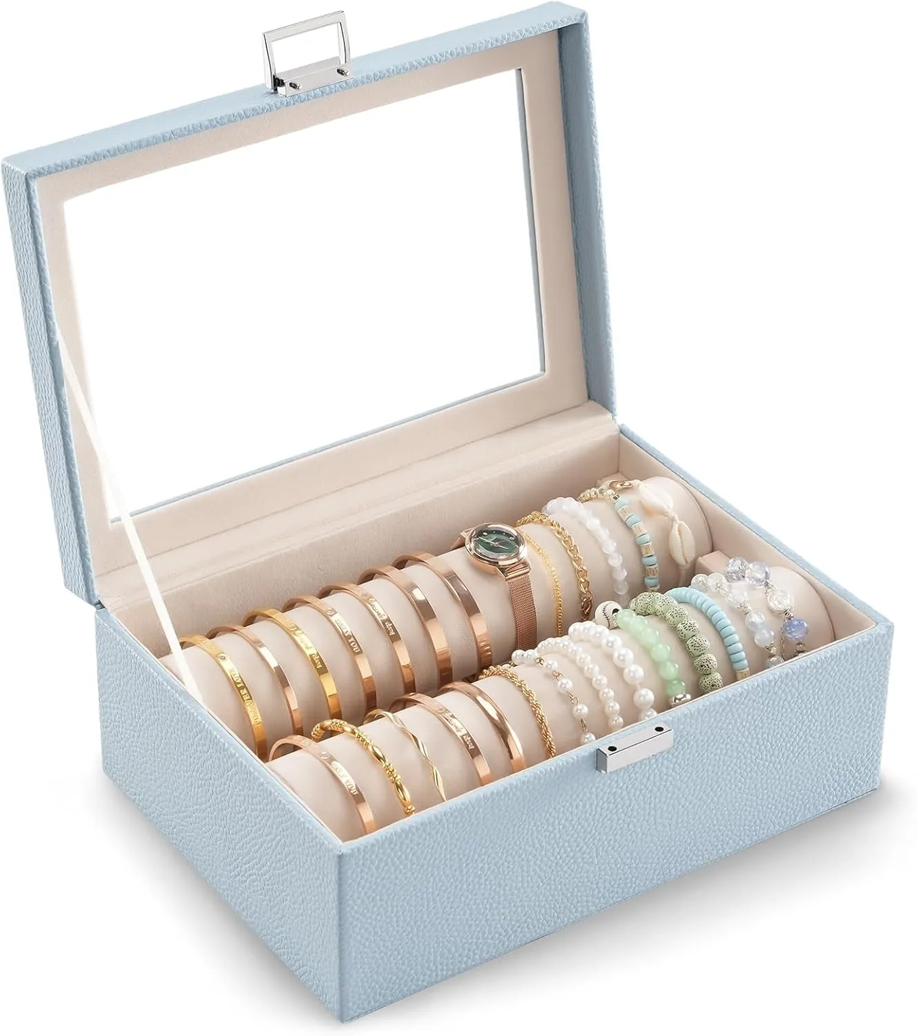 Lolalet Bracelet Display Holder with Rods for Bangles Watches, Clear Lid Jewelry Organizer Box Storage Case for Women Girls -Blue