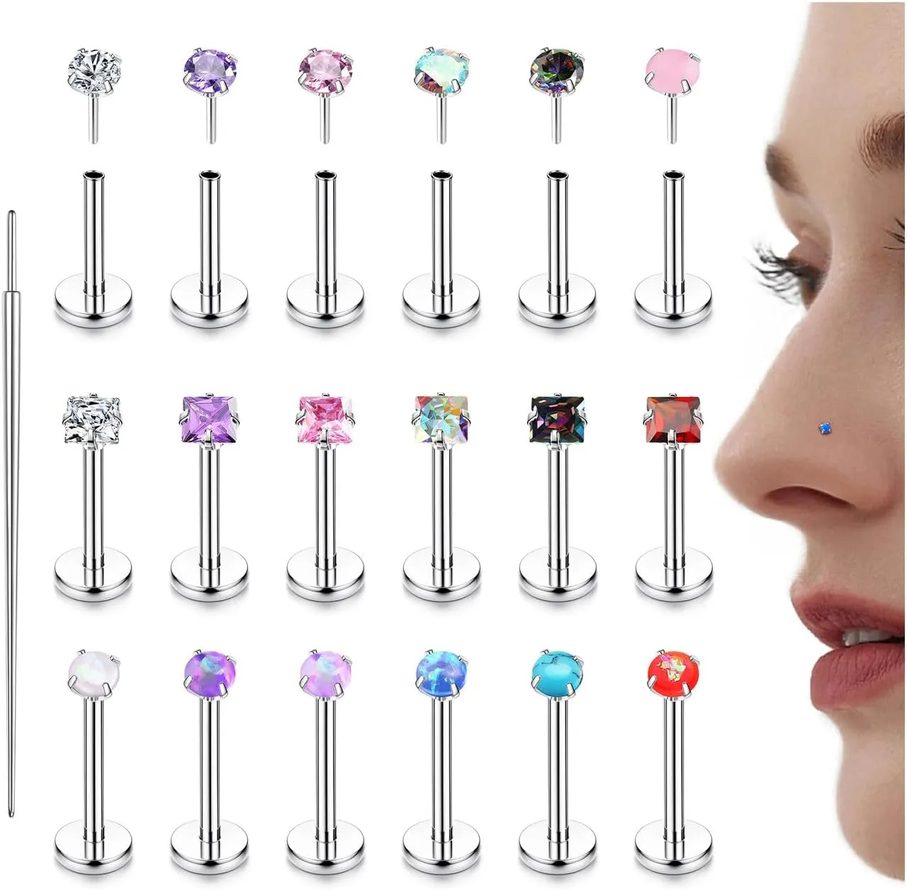 LOLIAS 18PCS Threadless Nose Rings Studs for Women Men 20G 18G 16G Hypoallergenic Surgical Stainless Steel Labret Lip Rings CZ Opal Push in Earrings Flat Back Nose Stud Cartilage Nostril Conch Helix Tragus Piercing Jewelry