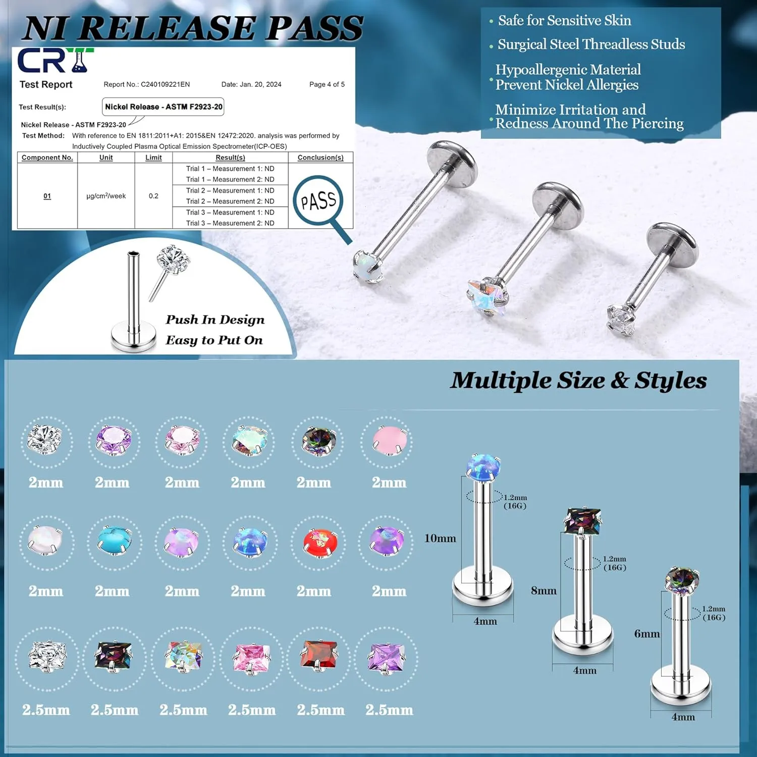 LOLIAS 18PCS Threadless Nose Rings Studs for Women Men 20G 18G 16G Hypoallergenic Surgical Stainless Steel Labret Lip Rings CZ Opal Push in Earrings Flat Back Nose Stud Cartilage Nostril Conch Helix Tragus Piercing Jewelry