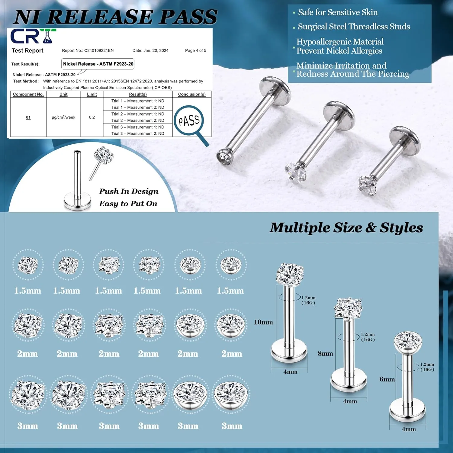 LOLIAS 18PCS Threadless Nose Rings Studs for Women Men 20G 18G 16G Hypoallergenic Surgical Stainless Steel Labret Lip Rings CZ Opal Push in Earrings Flat Back Nose Stud Cartilage Nostril Conch Helix Tragus Piercing Jewelry