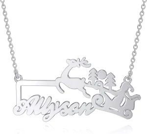 LONAGO Merry Christmas Name Necklace Personalized Custom Made Nameplate Pendant Santa Claus Reindeer Jewelry Gift for Women Mom