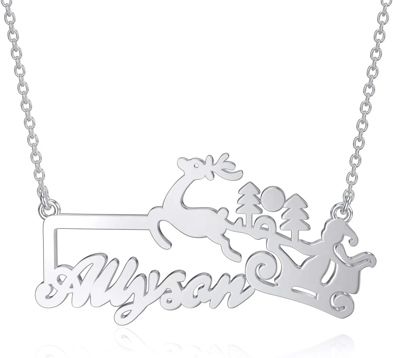 LONAGO Merry Christmas Name Necklace Personalized Custom Made Nameplate Pendant Santa Claus Reindeer Jewelry Gift for Women Mom