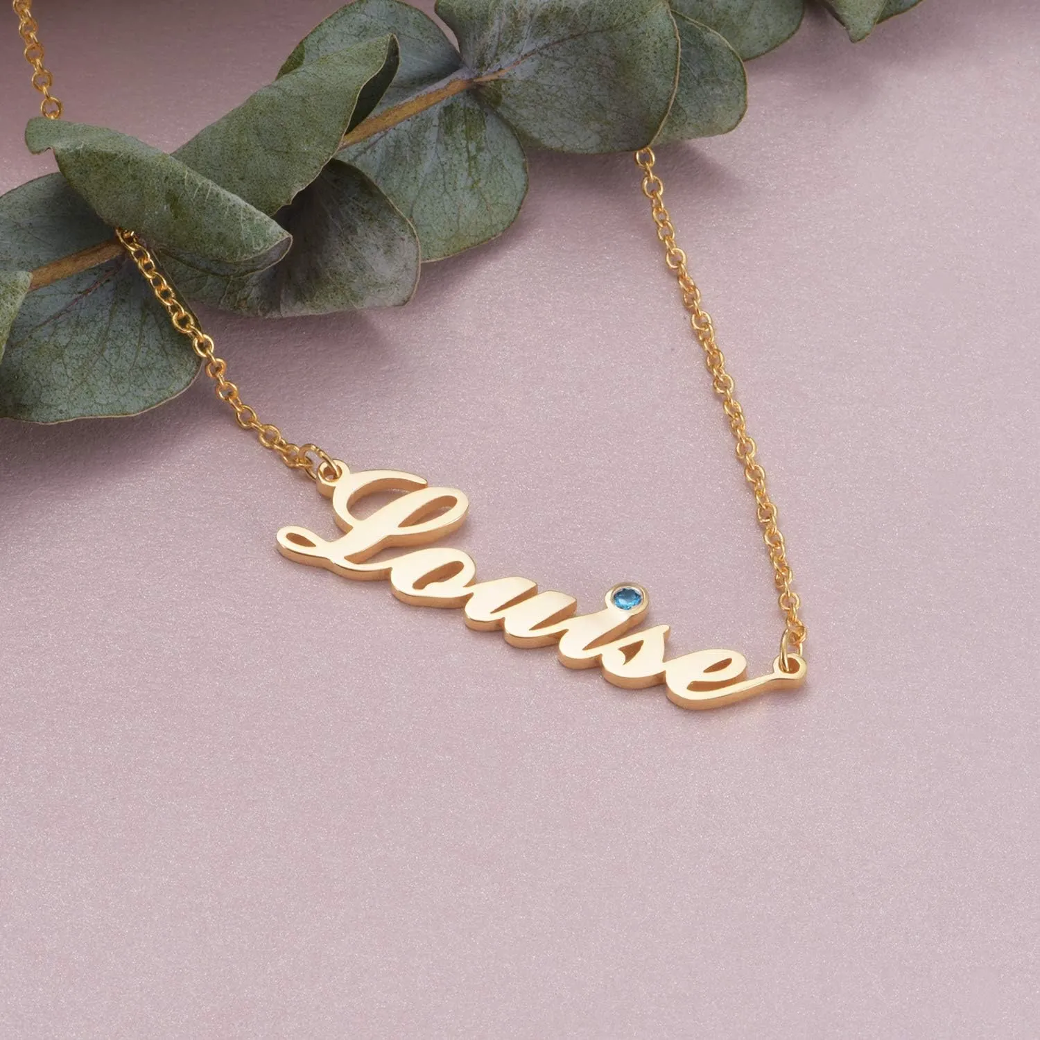 LONAGO Personalized 10K/14K/18K/24K Solid Gold Name Necklace with Simulated Birthstone Custom Made Any Nameplate Pendant Jewelry for Women