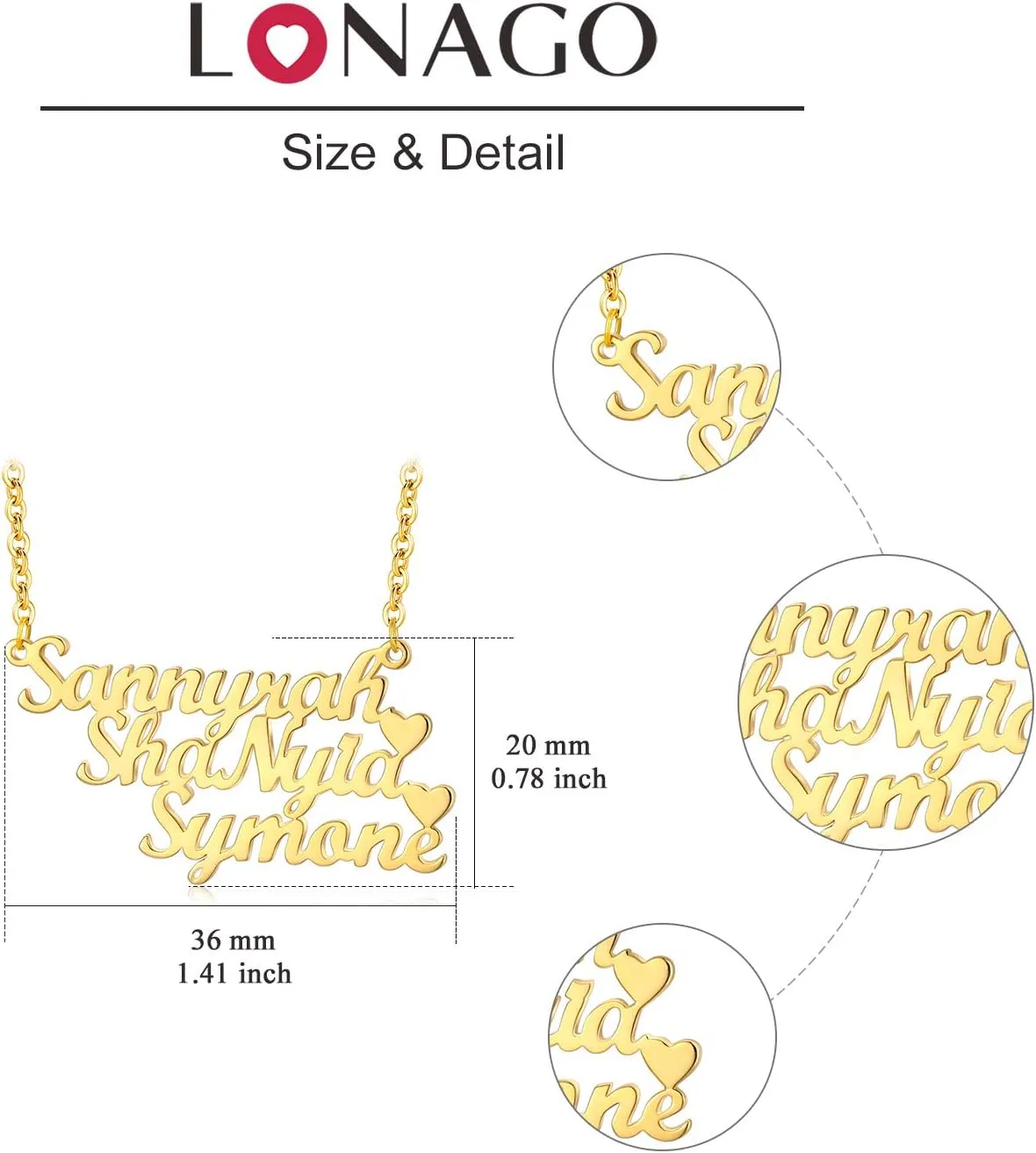 LONAGO Three Name Necklace Personalized Custom Made Any Nameplate Family Name Heart Pendant Jewelry Gift for Women Mom