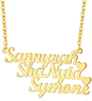 LONAGO Three Name Necklace Personalized Custom Made Any Nameplate Family Name Heart Pendant Jewelry Gift for Women Mom