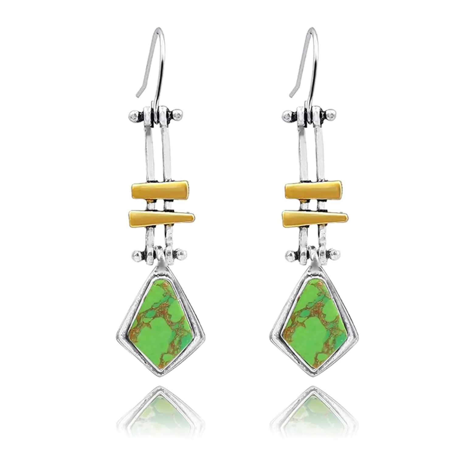 Long Boho Handmade Earrings for Women Girls Vintage Bohemian Silver Wrigley Mechanical Swing Arm Green Turquoise Dangle Drop Geometric Statement Earrings Jewelry Gifts (Long Diamond Earrings)