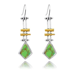 Long Boho Handmade Earrings for Women Girls Vintage Bohemian Silver Wrigley Mechanical Swing Arm Green Turquoise Dangle Drop Geometric Statement Earrings Jewelry Gifts (Long Diamond Earrings)