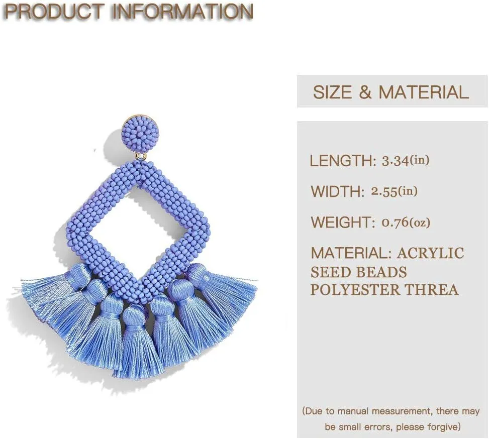 Long Tassel Earrings Statement Bohemian Pom Ball Handmade Drop Dangle Earrings for Women