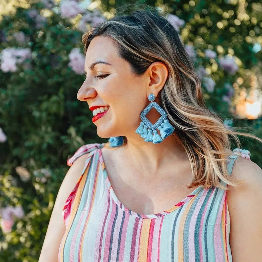 Long Tassel Earrings Statement Bohemian Pom Ball Handmade Drop Dangle Earrings for Women
