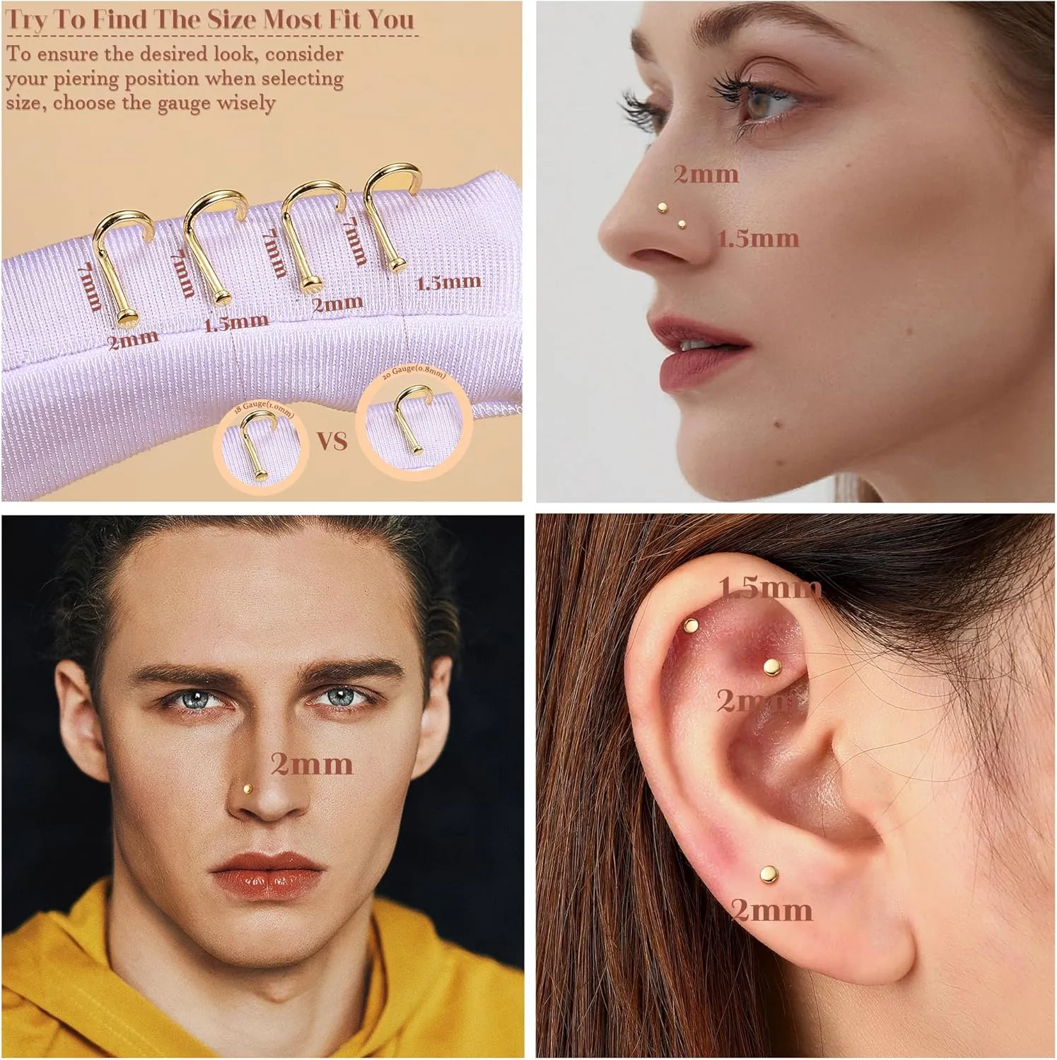 LOYALLOOK 14K Real Gold Nose Rings - Solid Gold Piercing Jewelry in 18G, 20G, L Shape & Corkscrew Styles, Hypoallergenic for Women & Men, 1.5mm, 2mm Flat Top