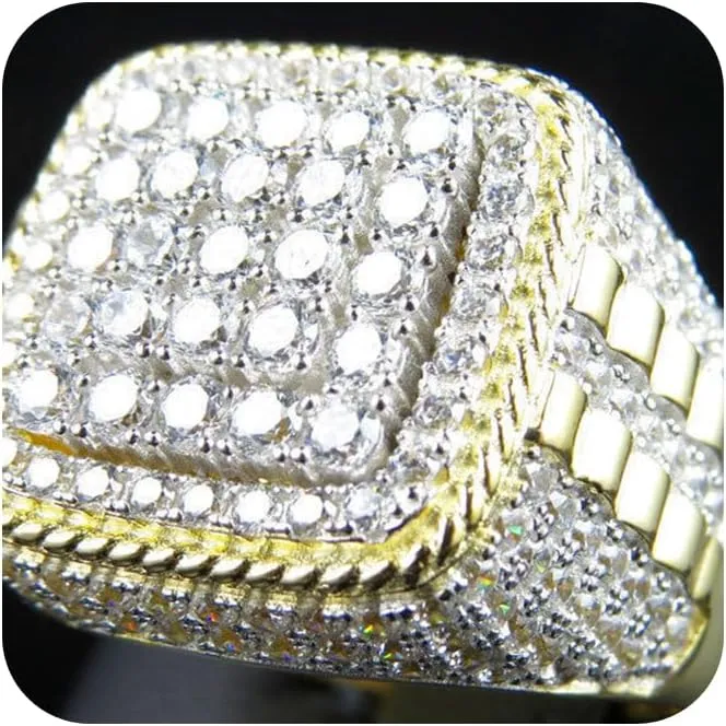 LRESJJIUJ 18K Gold-Plated Imitation Diamond Ring Hip Hop Iced Men's Gold Ring Gold Cluster Diamonds with Micro Secret Road Shining Large Gold All Diamond Men's Ring Luxury Super Large Ring Size 11