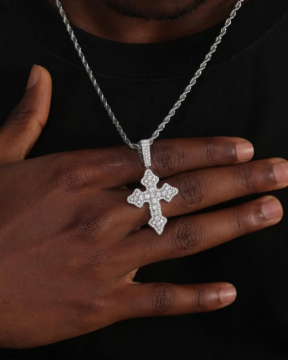 Lulu Mel Cross Necklace Iced Out 14K Gold Plated Cubic Zirconia Ankh Cross Pendant With Rope Chain, Trendy Hip Hop Gothic Diamond Jesus Cross Necklace For Men Women