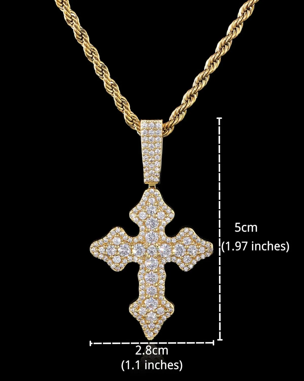 Lulu Mel Cross Necklace Iced Out 14K Gold Plated Cubic Zirconia Ankh Cross Pendant With Rope Chain, Trendy Hip Hop Gothic Diamond Jesus Cross Necklace For Men Women
