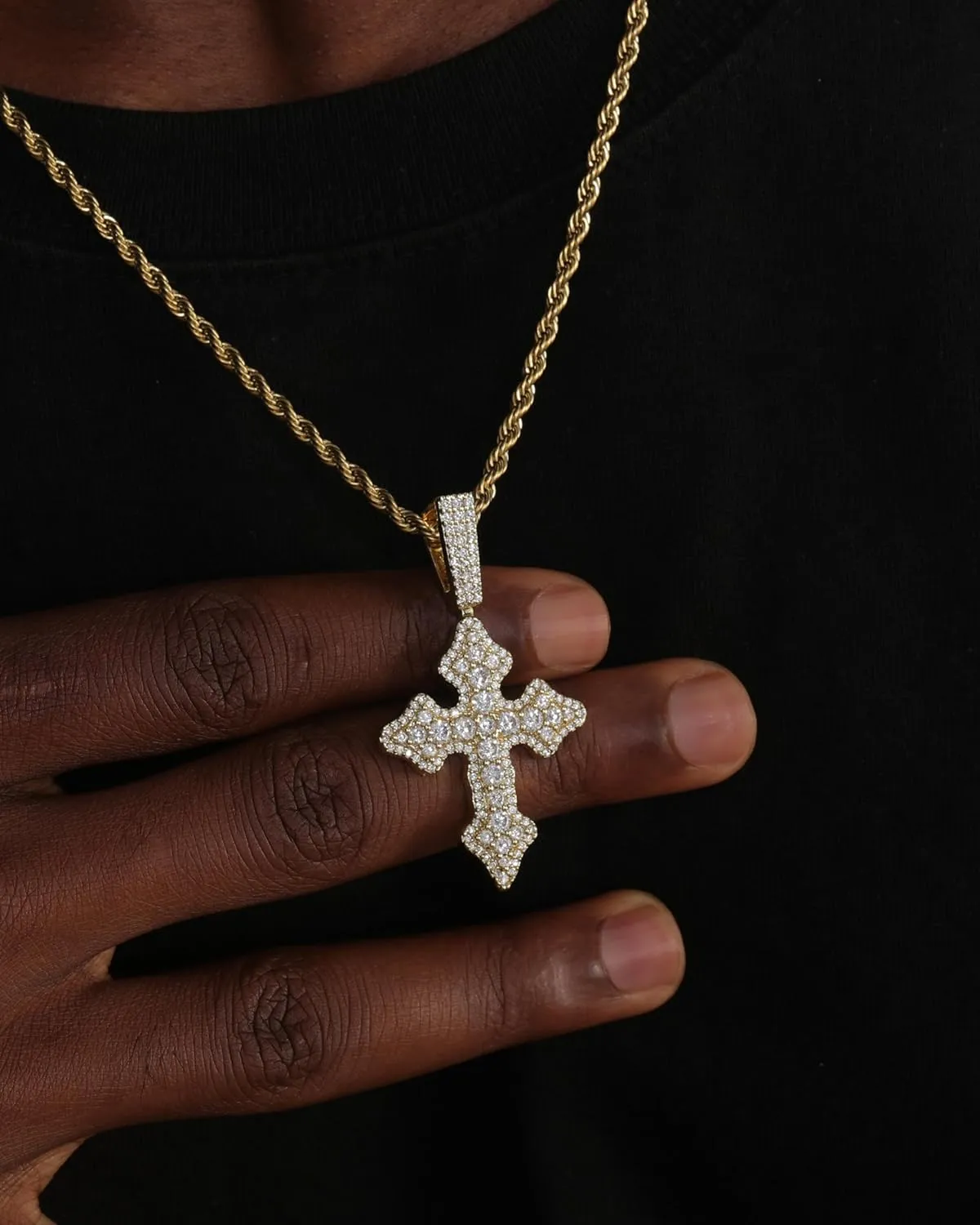 Lulu Mel Cross Necklace Iced Out 14K Gold Plated Cubic Zirconia Ankh Cross Pendant With Rope Chain, Trendy Hip Hop Gothic Diamond Jesus Cross Necklace For Men Women