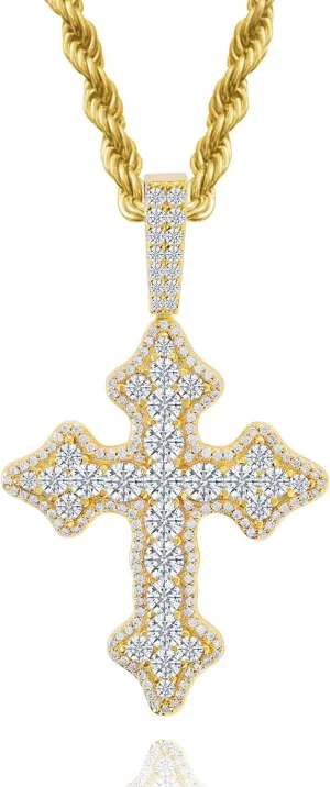 Lulu Mel Cross Necklace Iced Out 14K Gold Plated Cubic Zirconia Ankh Cross Pendant With Rope Chain, Trendy Hip Hop Gothic Diamond Jesus Cross Necklace For Men Women