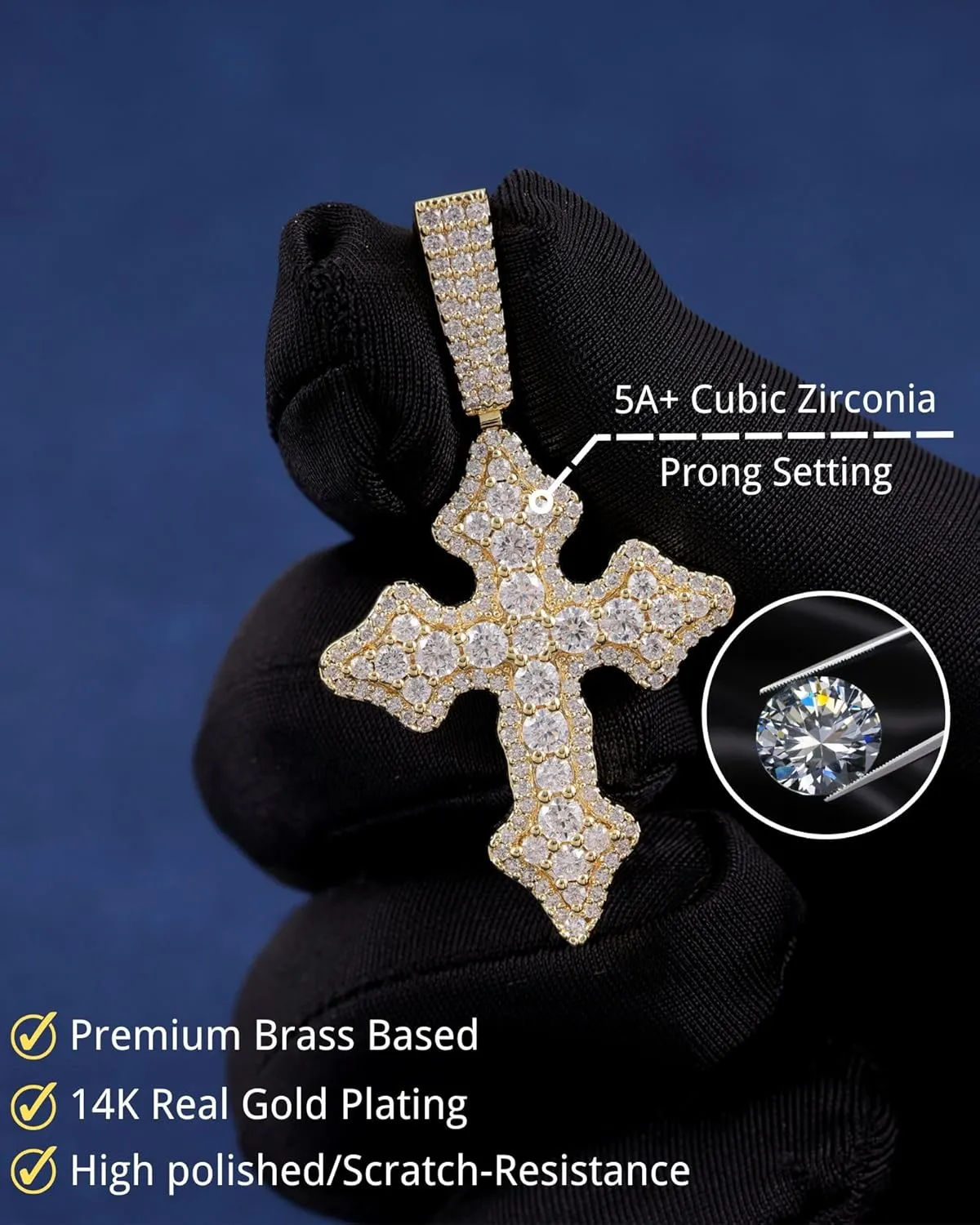 Lulu Mel Cross Necklace Iced Out 14K Gold Plated Cubic Zirconia Ankh Cross Pendant With Rope Chain, Trendy Hip Hop Gothic Diamond Jesus Cross Necklace For Men Women