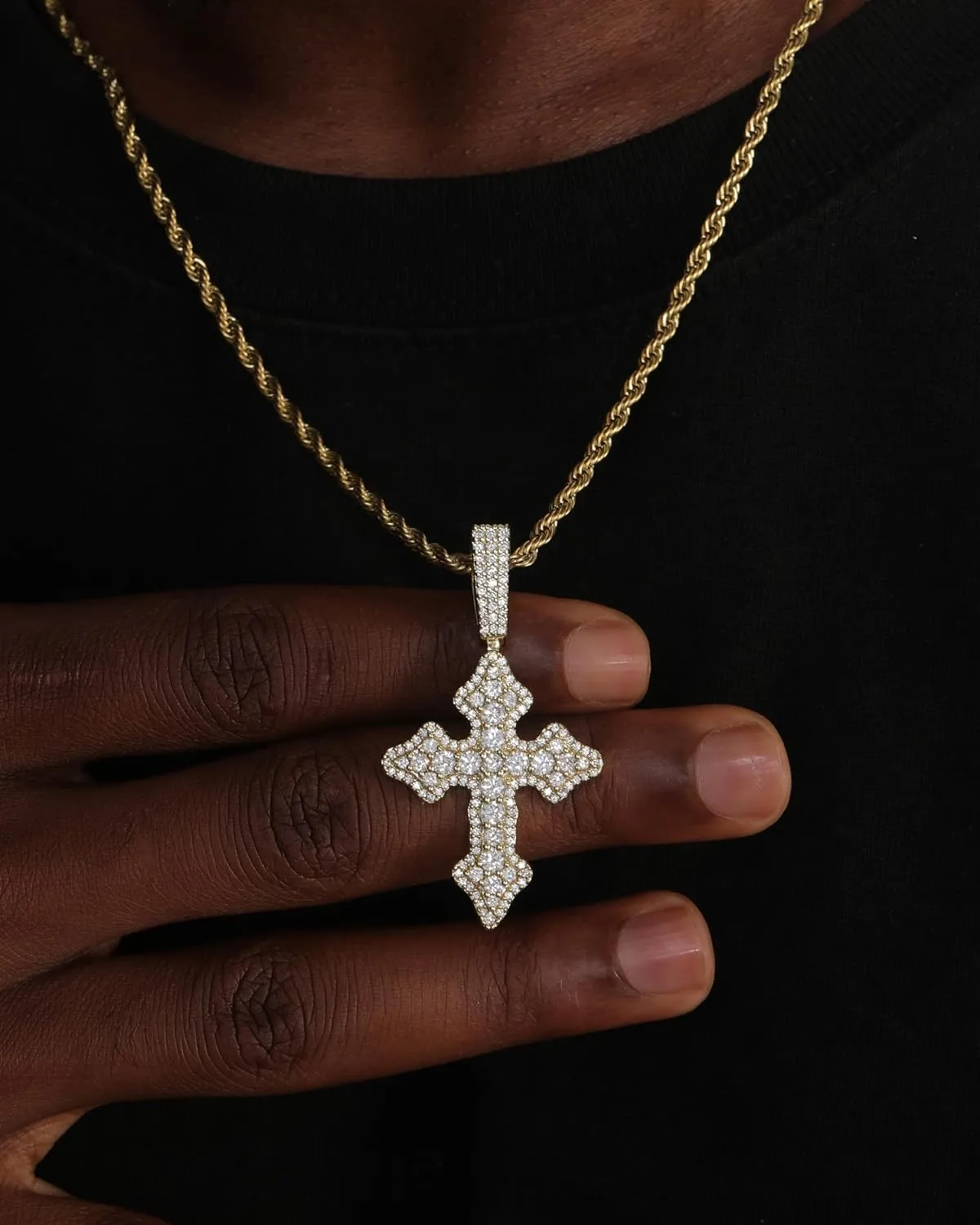 Lulu Mel Cross Necklace Iced Out 14K Gold Plated Cubic Zirconia Ankh Cross Pendant With Rope Chain, Trendy Hip Hop Gothic Diamond Jesus Cross Necklace For Men Women