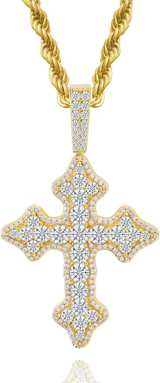 Lulu Mel Cross Necklace Iced Out 14K Gold Plated Cubic Zirconia Ankh Cross Pendant With Rope Chain, Trendy Hip Hop Gothic Diamond Jesus Cross Necklace For Men Women