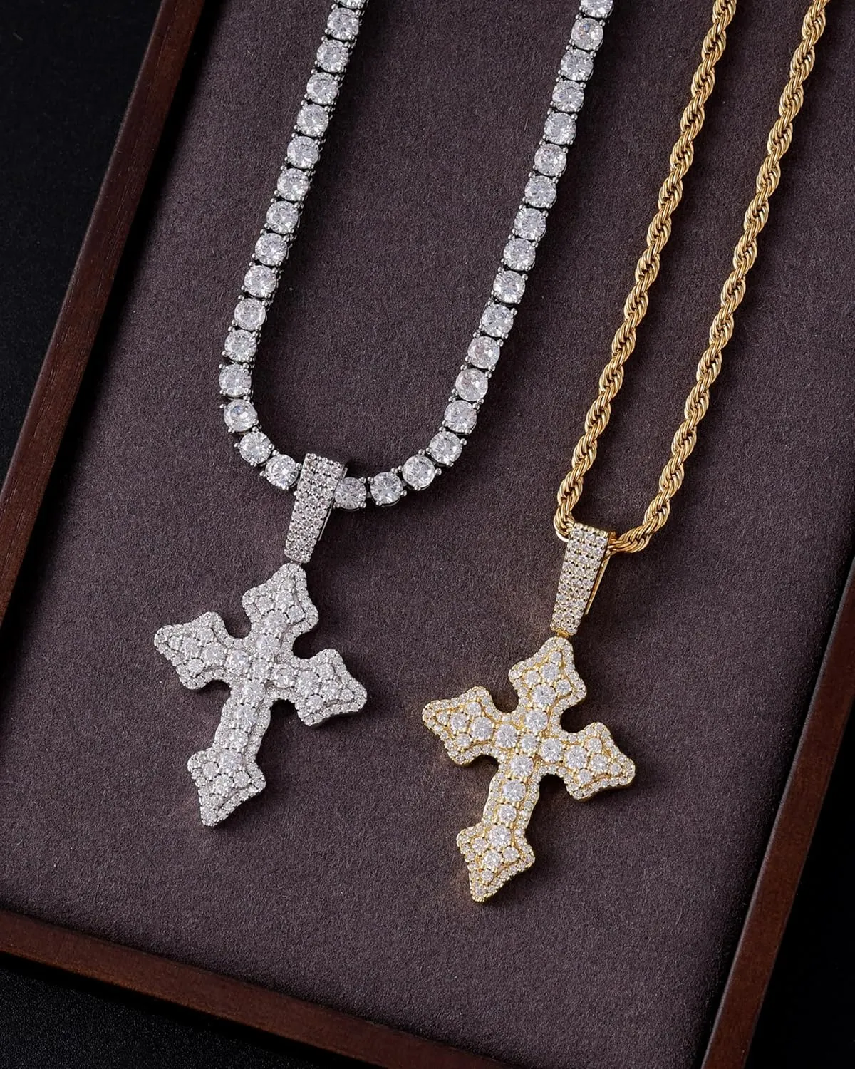 Lulu Mel Cross Necklace Iced Out 14K Gold Plated Cubic Zirconia Ankh Cross Pendant With Rope Chain, Trendy Hip Hop Gothic Diamond Jesus Cross Necklace For Men Women