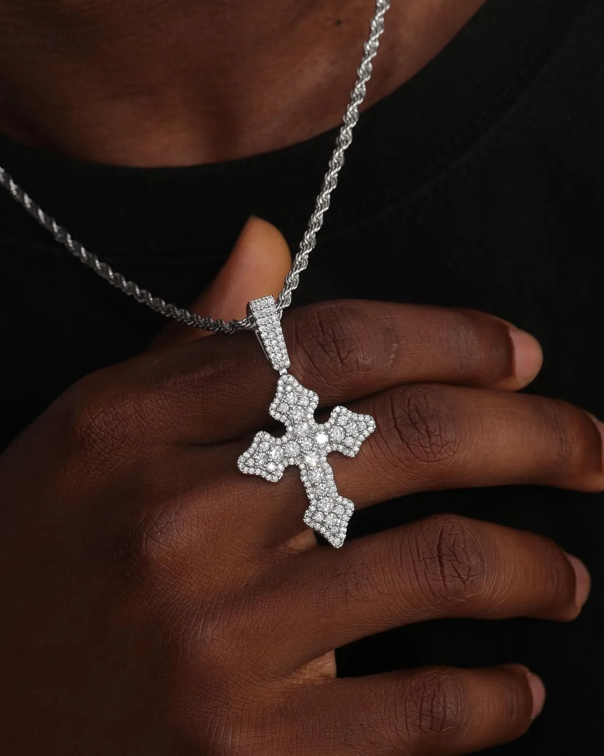 Lulu Mel Cross Necklace Iced Out 14K Gold Plated Cubic Zirconia Ankh Cross Pendant With Rope Chain, Trendy Hip Hop Gothic Diamond Jesus Cross Necklace For Men Women