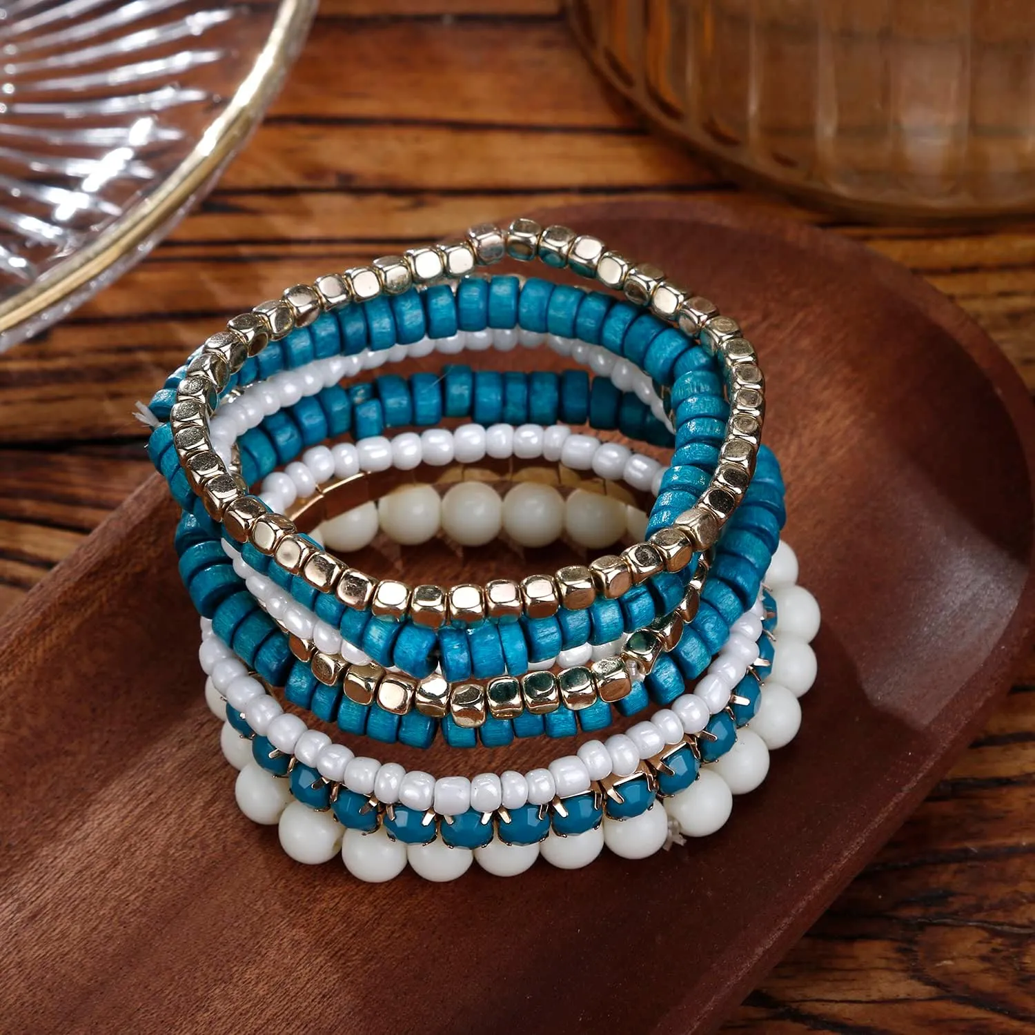 LUREME Bohemian Beads Cube Multi Strand Stretch Stackable Bangle Bracelet Set (bl003172)
