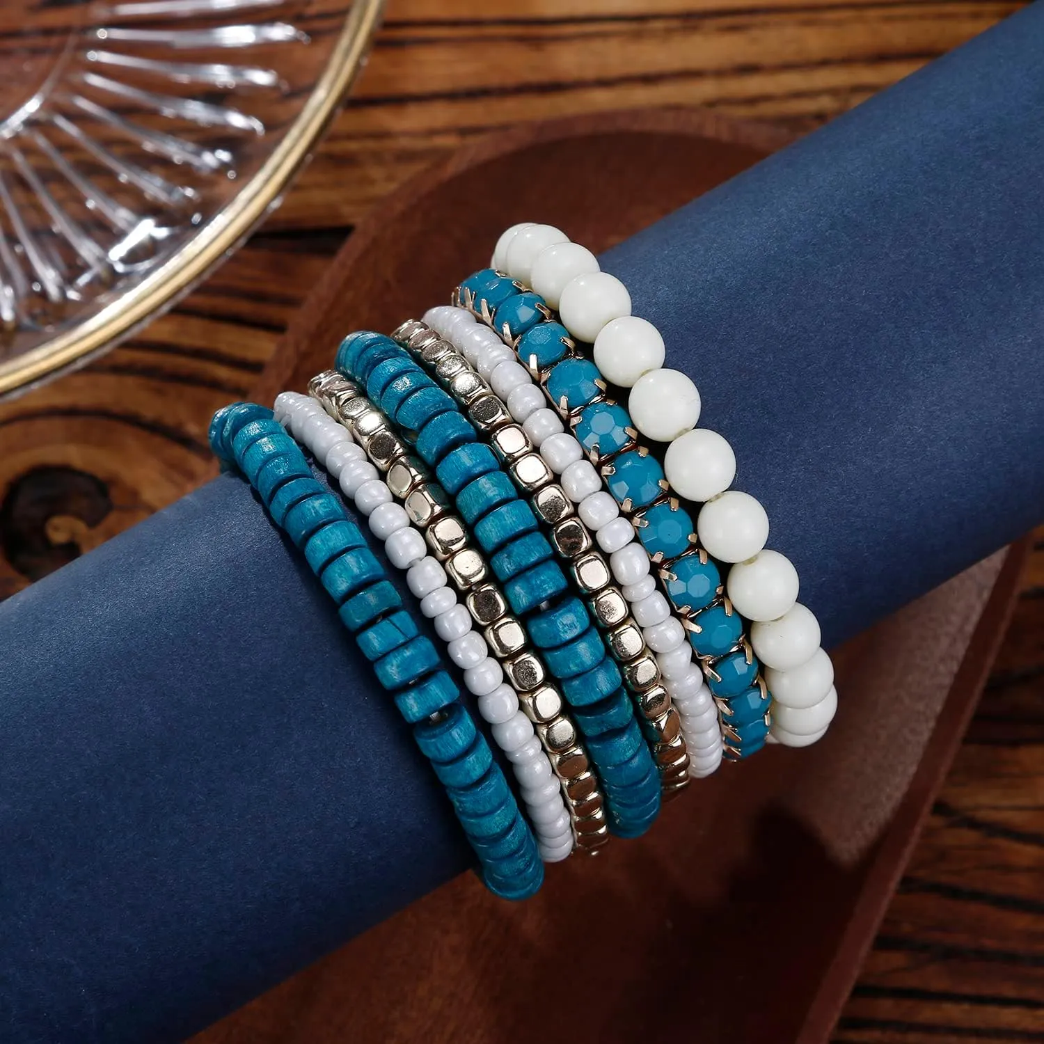 LUREME Bohemian Beads Cube Multi Strand Stretch Stackable Bangle Bracelet Set (bl003172)
