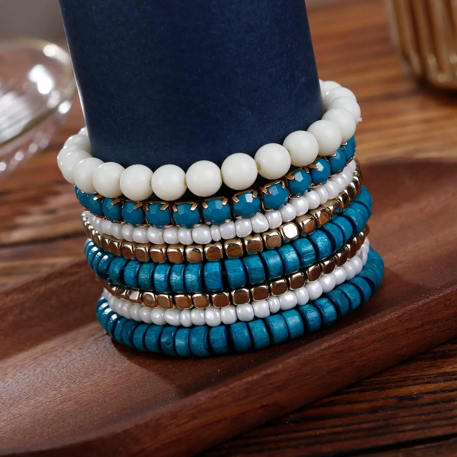 LUREME Bohemian Beads Cube Multi Strand Stretch Stackable Bangle Bracelet Set (bl003172)
