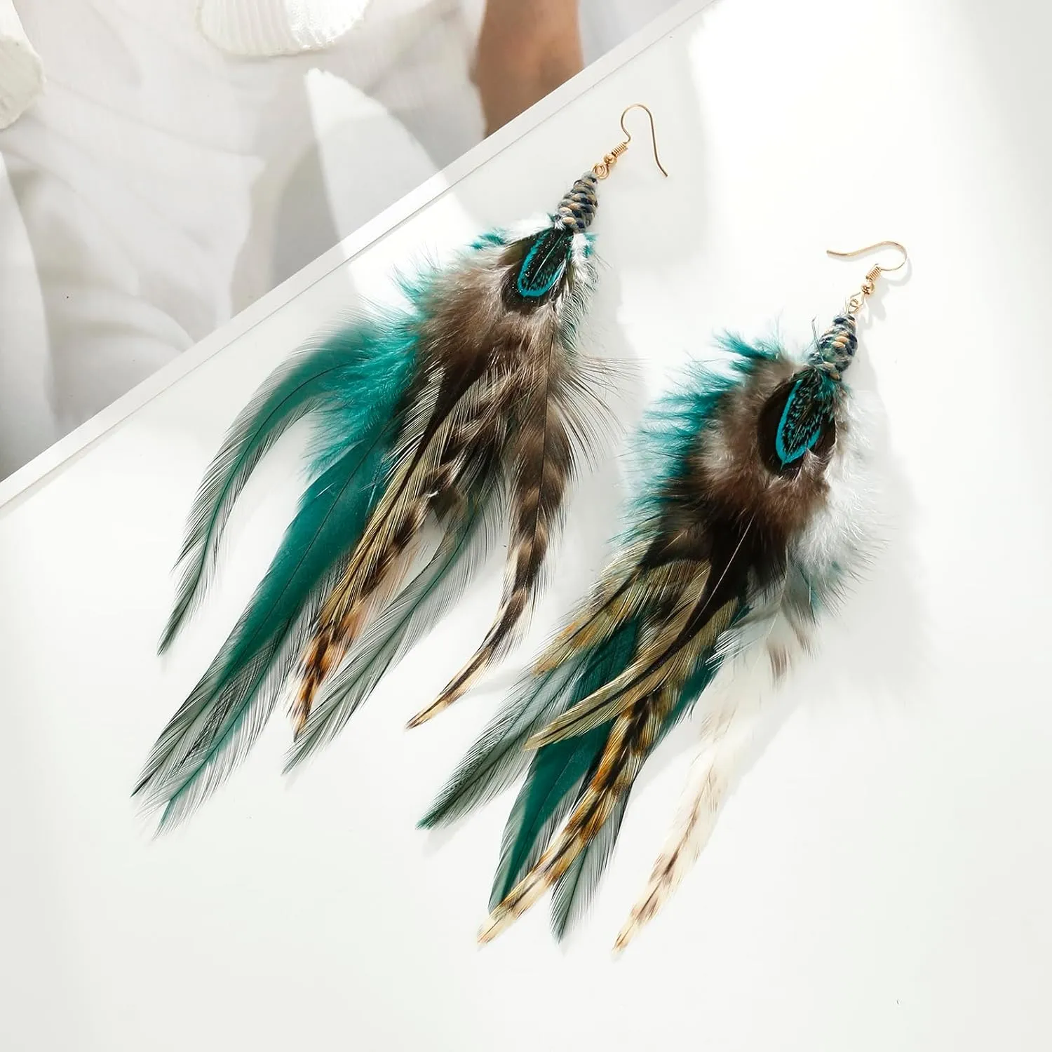 lureme Bohemian Style Multicolor Pheasant Feathers Dangle Earrings Large Feather Drop Earrings(er006405)