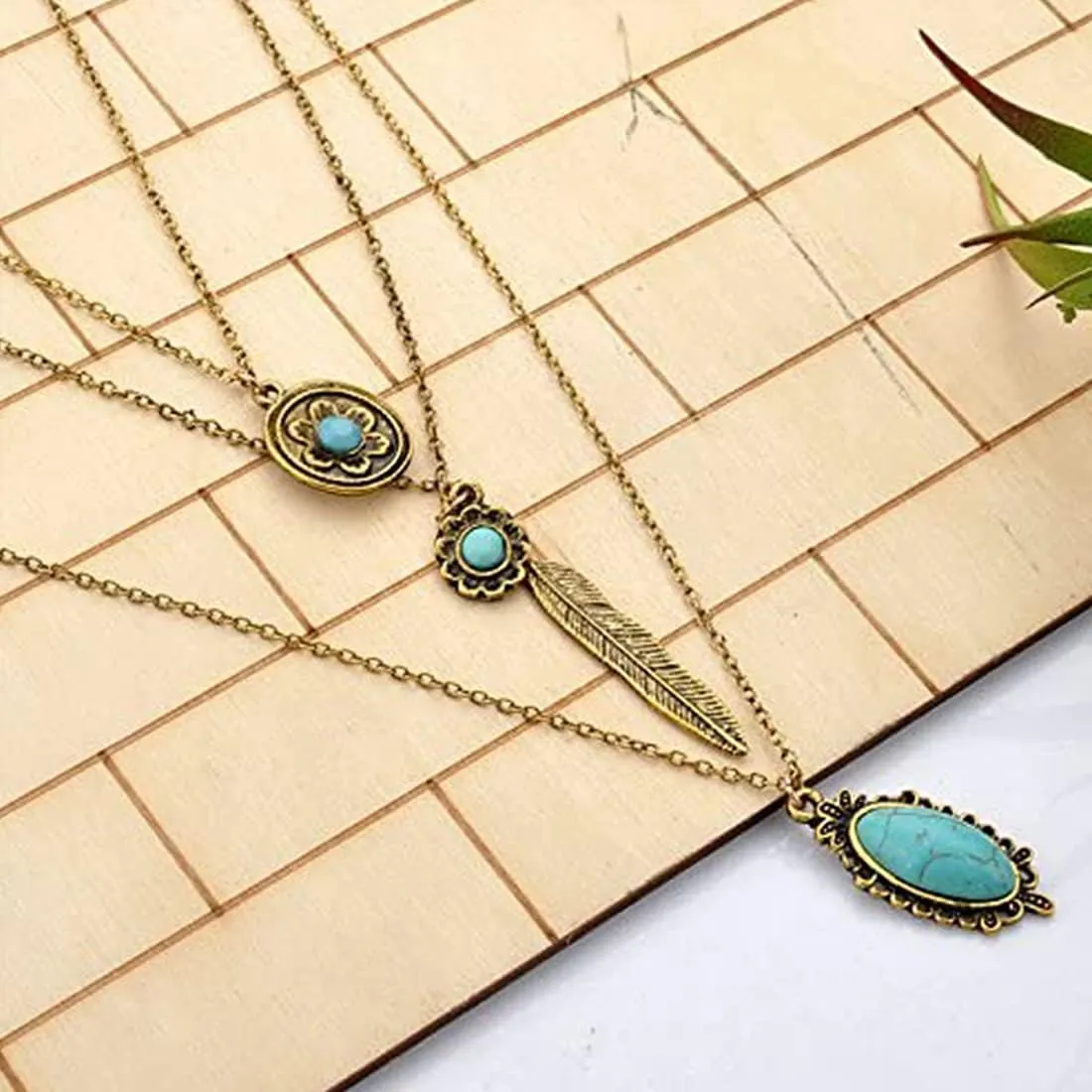 LUREME Vintage Multi Layered Chain Turquoise Stone Flower Metal Feather Pendant Necklace (nl006268)