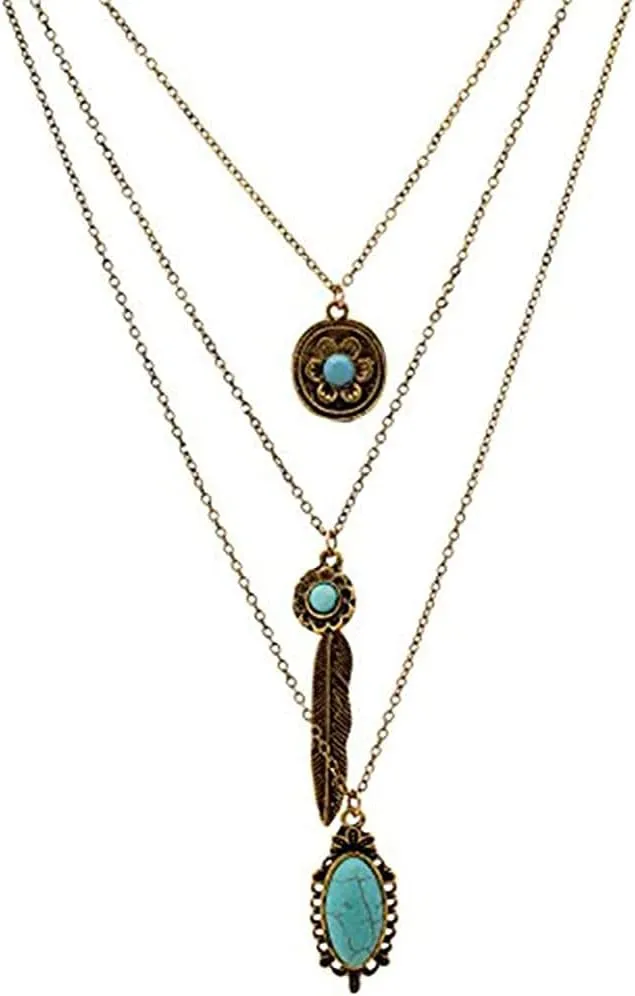 LUREME Vintage Multi Layered Chain Turquoise Stone Flower Metal Feather Pendant Necklace (nl006268)