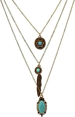 LUREME Vintage Multi Layered Chain Turquoise Stone Flower Metal Feather Pendant Necklace (nl006268)