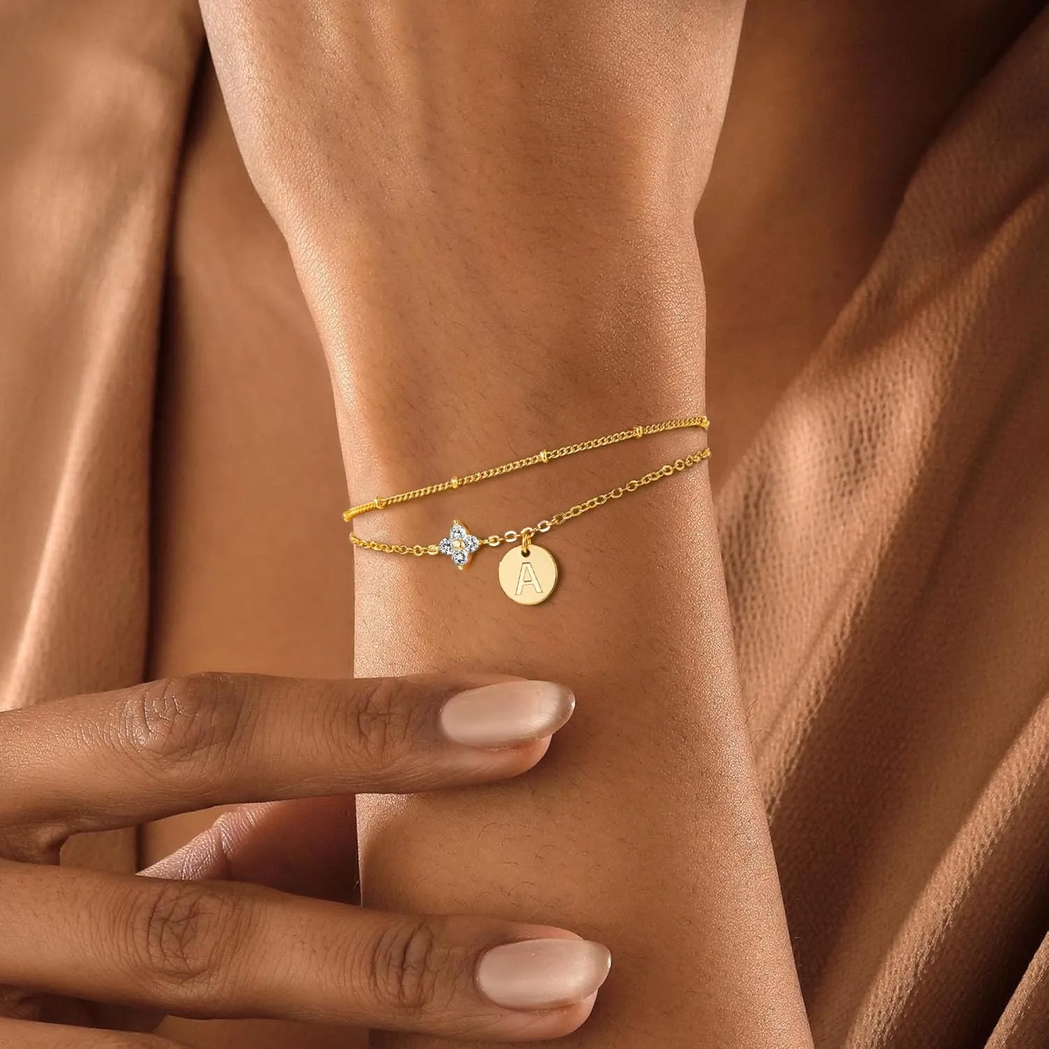 M MOOHAM Gold Initial Bracelets for Women Teen Girls - Dainty 14K Gold Plated Cubic Zirconia Clover Initial Bracelet Layered Letter Bracelet for Women Girls Jewelry Personalized Birthday Gifts