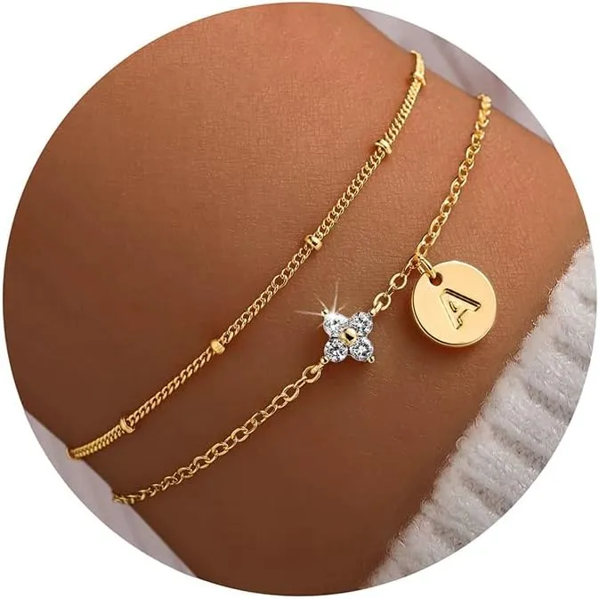 M MOOHAM Gold Initial Bracelets for Women Teen Girls - Dainty 14K Gold Plated Cubic Zirconia Clover Initial Bracelet Layered Letter Bracelet for Women Girls Jewelry Personalized Birthday Gifts