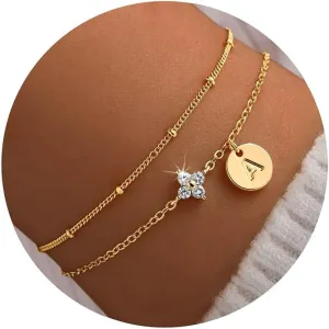 M MOOHAM Gold Initial Bracelets for Women Teen Girls - Dainty 14K Gold Plated Cubic Zirconia Clover Initial Bracelet Layered Letter Bracelet for Women Girls Jewelry Personalized Birthday Gifts
