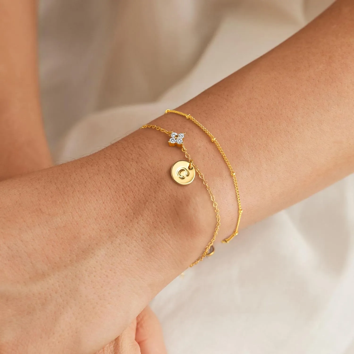 M MOOHAM Gold Initial Bracelets for Women Teen Girls - Dainty 14K Gold Plated Cubic Zirconia Clover Initial Bracelet Layered Letter Bracelet for Women Girls Jewelry Personalized Birthday Gifts