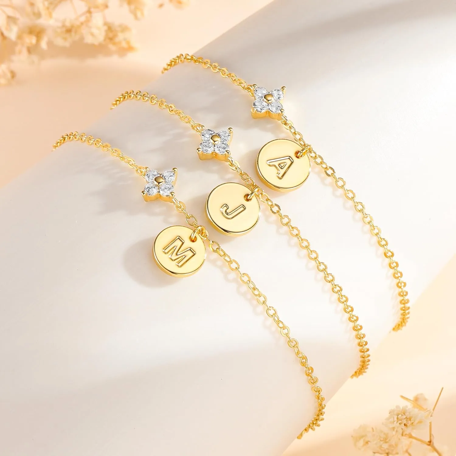 M MOOHAM Gold Initial Bracelets for Women Teen Girls - Dainty 14K Gold Plated Cubic Zirconia Clover Initial Bracelet Layered Letter Bracelet for Women Girls Jewelry Personalized Birthday Gifts