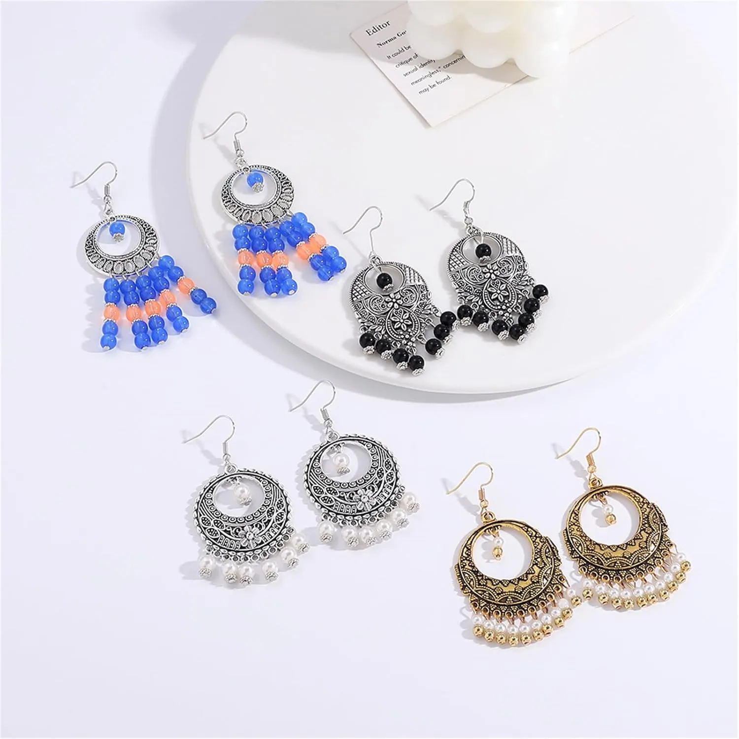 MALOYANVE Bohemian Carved Flower Earrings for Women Handmade Ethnic Vintage Double Round Texture Pattern Dangle Drop Statement Earrings Boho Retro Indian Natural Jewelry